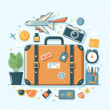 Vector illustration of travel and vacation concept. Suitcase, camera, passport, ticket, sunglasses, passport, airplane, compass, globe, clock, plane, binoculars.のイラスト素材