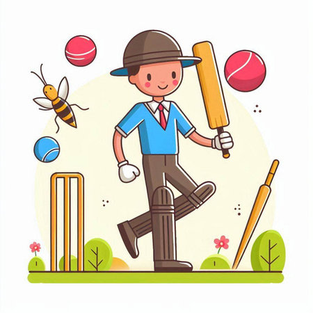 Cricket player in uniform playing cricket. Cartoon vector illustration.のイラスト素材