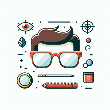 Trendy hipster style vector illustration in trendy linear style with eyeglasses, eye glasses, pen, pencil, target and other elements.のイラスト素材