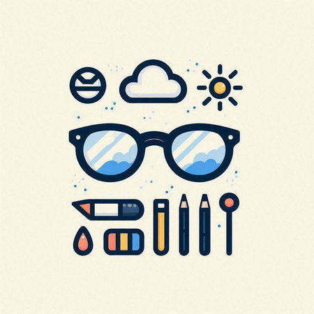 Vector illustration of eyeglasses, glasses, pencils, sun and clouds.のイラスト素材
