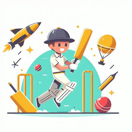 Cricket player playing cricket. Vector illustration in cartoon style.のイラスト素材