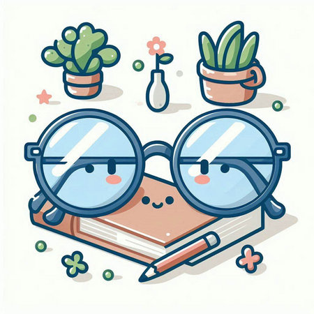 Cute cartoon glasses with a book and a pen. Vector illustration.のイラスト素材