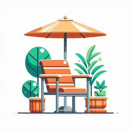 Vector cartoon illustration of sun lounger with umbrella in the garden.のイラスト素材
