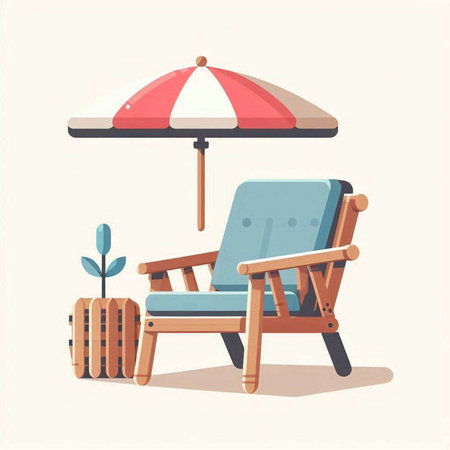 Wooden deck chair with umbrella. Vector illustration in flat style.のイラスト素材