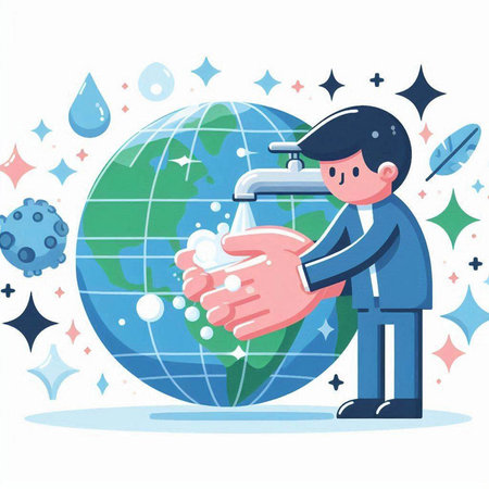 Vector illustration of a man washing his hands with soap and water.のイラスト素材