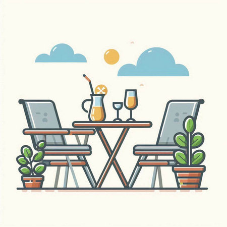 Outdoor table with a laptop and two glasses of wine. Vector illustration.のイラスト素材