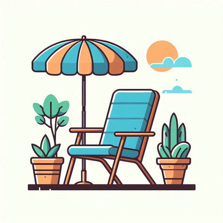 Beach chair with umbrella. Vector illustration in flat linear style.のイラスト素材