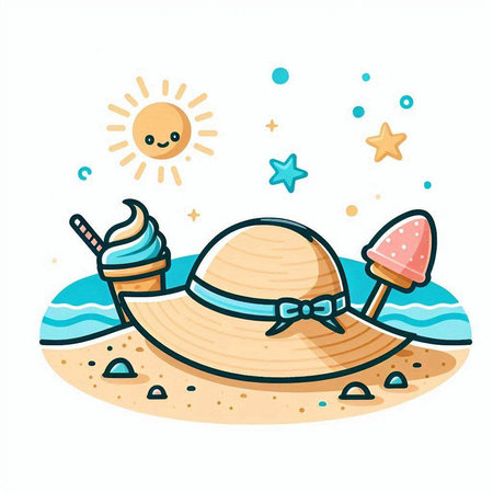 Summer beach hat and ice cream on the sand. Vector illustration.のイラスト素材