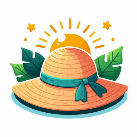 Summer hat with green leaves and sun. Vector illustration in cartoon styleのイラスト素材