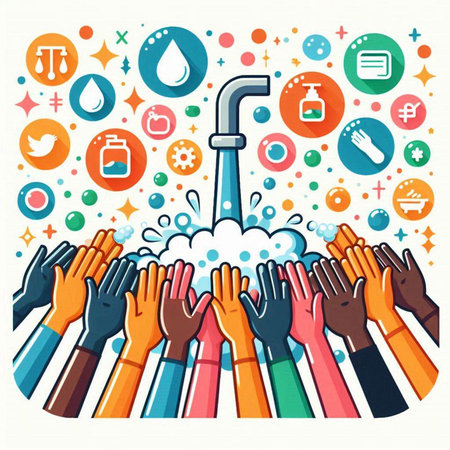 Hands clapping and washing hands with sanitizer. Vector illustrationのイラスト素材