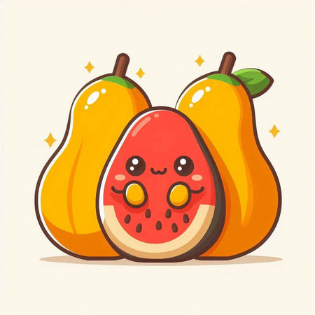 Funny watermelon and pears character. Cute kawaii fruit character. Vector illustrationのイラスト素材