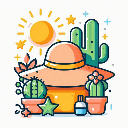 Vector illustration with cactus, hat and sun. Cactuses in pots.のイラスト素材