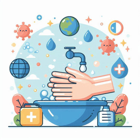 Coronavirus protection concept. Washing hands with soap and water. Vector illustrationのイラスト素材