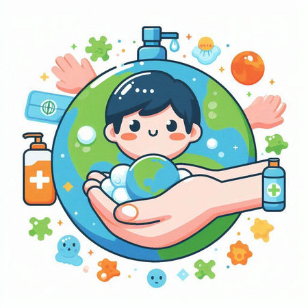 Illustration of a boy washing his hands with soap and sanitizerのイラスト素材