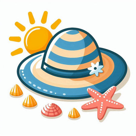 Beach hat with starfish and seashells. Vector illustrationのイラスト素材