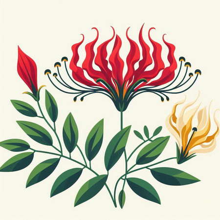 Illustration of a red flower with green leaves on a light backgroundのイラスト素材