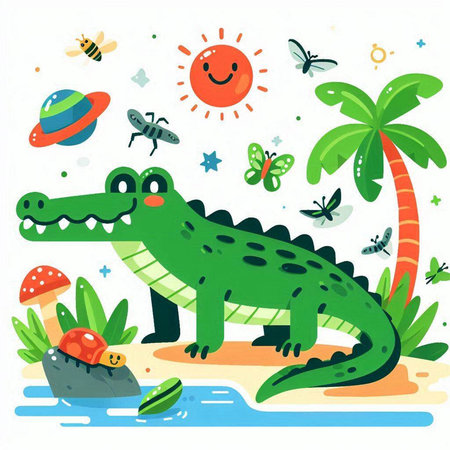 Cute crocodile and tropical elements. Vector illustration for kids.のイラスト素材