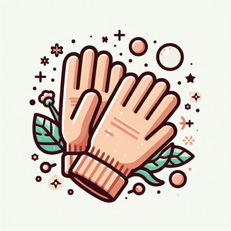 Hand drawn vector illustration in trendy linear style - gloves and leaves.のイラスト素材
