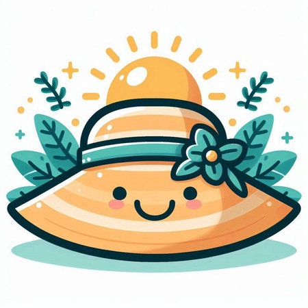 Cute cartoon summer hat with flowers and leaves. Vector illustration.のイラスト素材