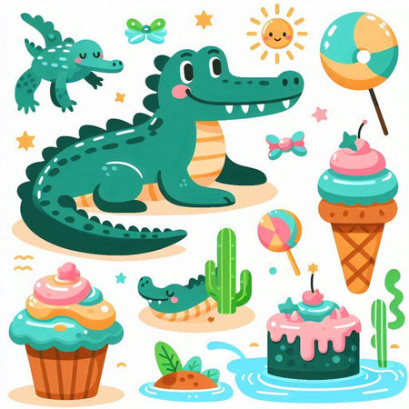 Cute crocodile, ice cream, lollipop, cupcake, cactus. Vector cartoon illustration.のイラスト素材
