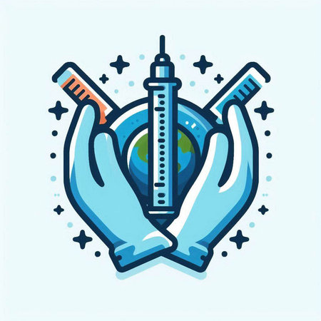 Hands holding a syringe and toothbrushes. Vector illustration.のイラスト素材