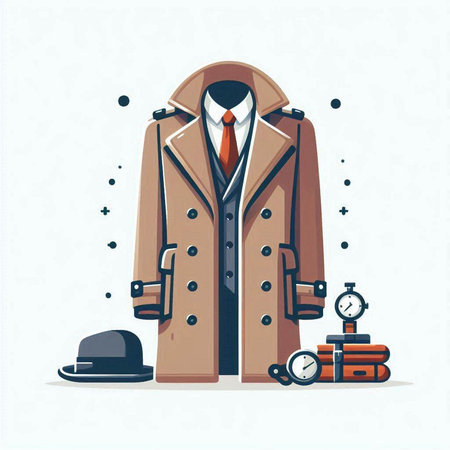 Vector illustration of a coat with a hat, watches and luggage on a white background.のイラスト素材