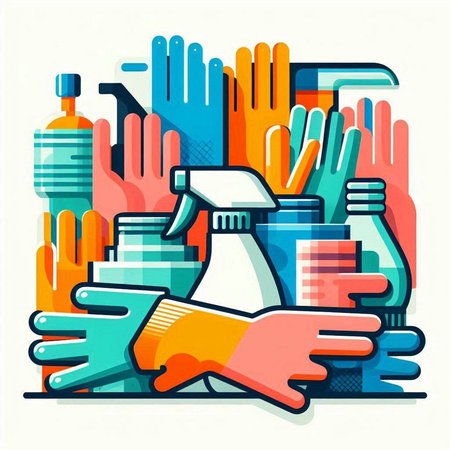 Hand with cleaning supplies. Cleaning service concept. Vector illustration.のイラスト素材