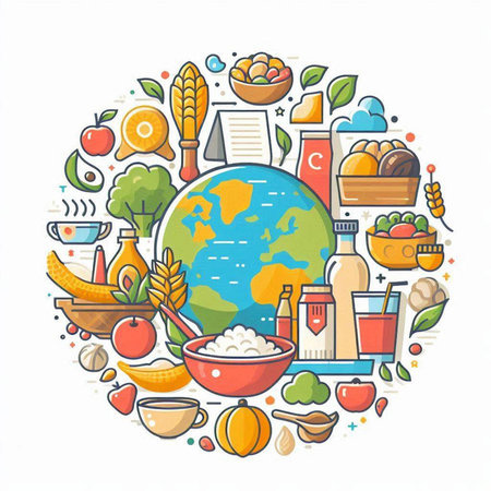 Vector illustration of World food day concept in circle shape with food icons.のイラスト素材