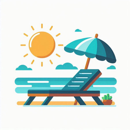 Beach chair with umbrella and sun. Vector illustration in flat styleのイラスト素材