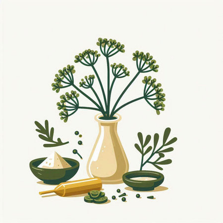 Herbs and spices in a vase. Hand drawn vector illustration.のイラスト素材