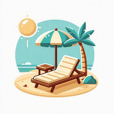 Beach chair with umbrella and sun lounger. Vector illustration.のイラスト素材