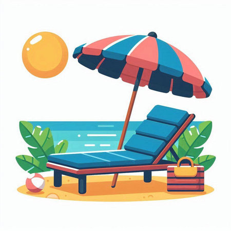 Beach chair with umbrella. Vector illustration in flat cartoon style.のイラスト素材