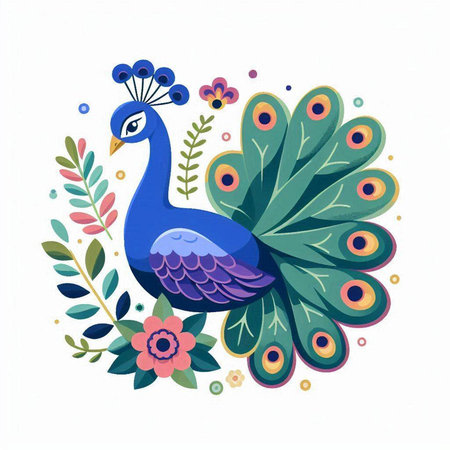 Peacock and flowers on a white background. Vector illustration.のイラスト素材