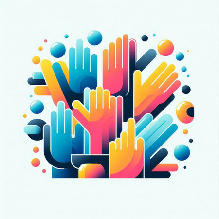 Vector illustration of colorful hands reaching for each other on white background.のイラスト素材