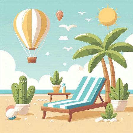 Beach chair with hot air balloon and palm trees. Vector illustrationのイラスト素材