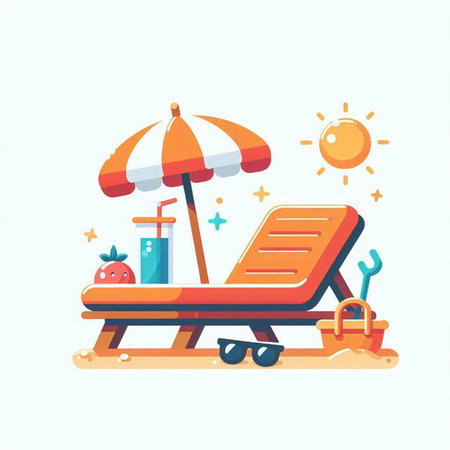 Beach chair, sun lounger and beach accessories. Vector illustrationのイラスト素材