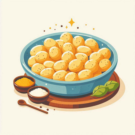Potato gnocchi in a blue bowl. Vector illustration.のイラスト素材
