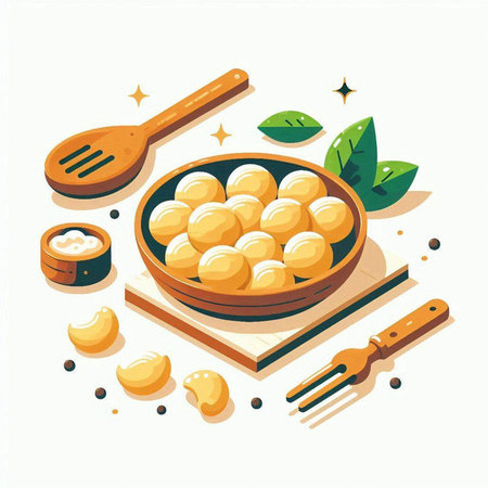 Potato dumplings in a wooden bowl. Vector illustration.のイラスト素材
