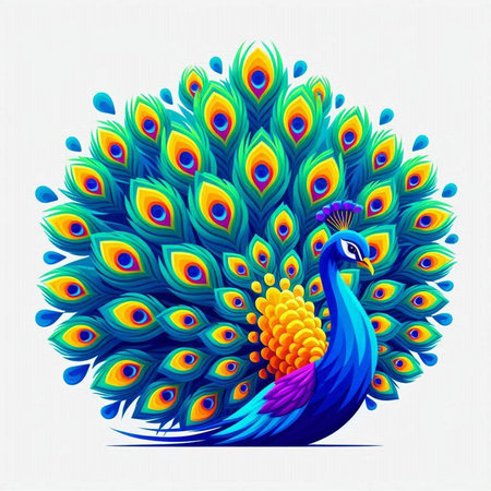 Peacock with bright colorful feathers on a white background. Vector illustration.のイラスト素材