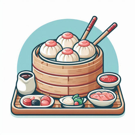 Illustration of steamed dumplings in bamboo basket with chopsticksのイラスト素材