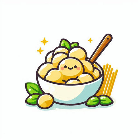 Potato gnocchi in bowl with spoon. Vector illustration.のイラスト素材