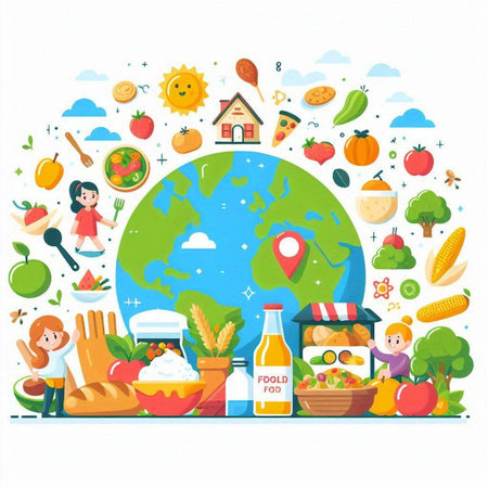 Vector illustration of healthy food in flat style on white background. Vegetarianism concept.のイラスト素材