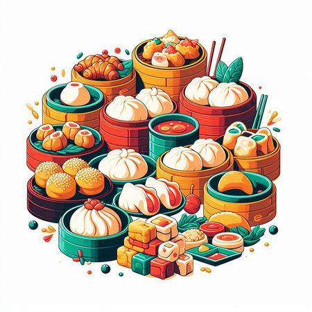 Chinese dim sum in bamboo steamer. Vector illustration on white background.のイラスト素材