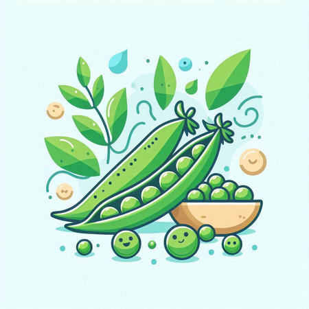 Green peas with leaves and seeds. Hand drawn vector illustration in cartoon style.のイラスト素材