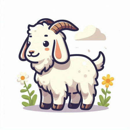 Illustration of a cute goat with flowers on a white background.のイラスト素材