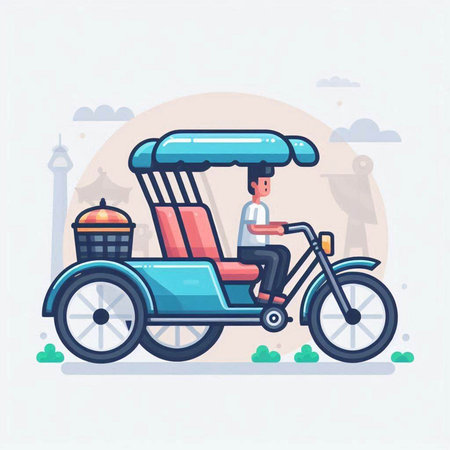 Tuk Tuk. Vector illustration in flat cartoon style. Man riding a rickshaw.のイラスト素材