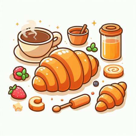 Coffee, croissant, buns, gingerbread. Vector illustration.のイラスト素材