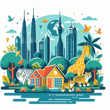 Vector illustration of cityscape with animals, buildings, trees and birds.のイラスト素材