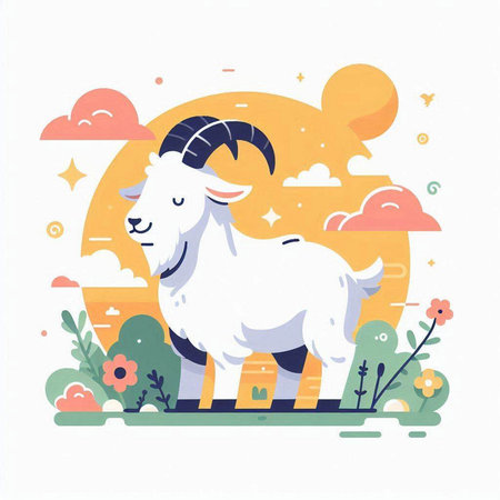 Vector illustration of a goat on a background of the sky with cloudsのイラスト素材