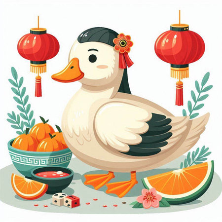 Happy Chinese New Year. Vector illustration of a cute duck with red lanterns, oranges, flowers and sweets.のイラスト素材